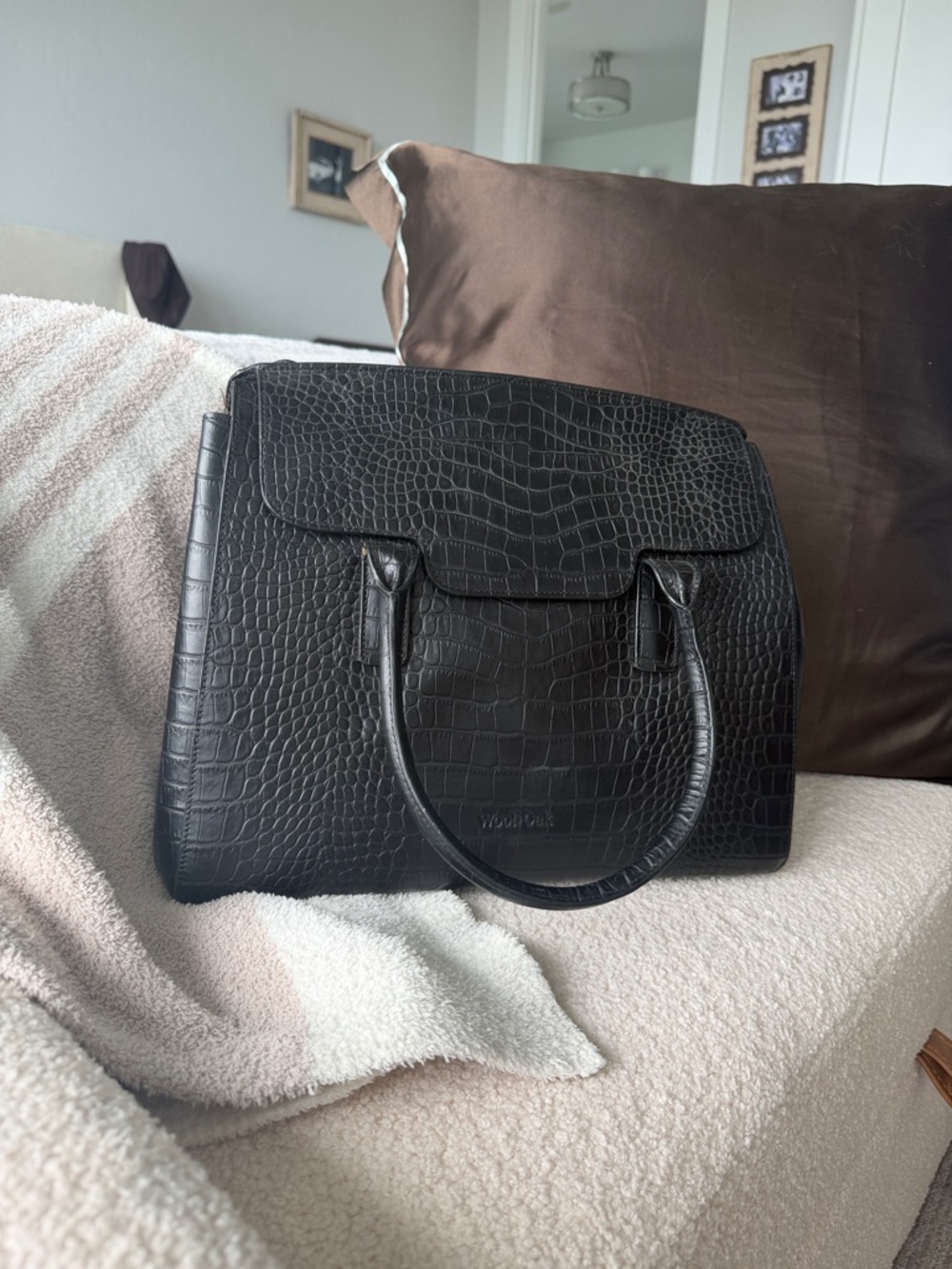 Wool & Oak Black Croc-Embossed Structured Satchel